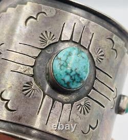 Antique Old Pawn Navajo Sterling Silver Blue Turquoise Wide Cuff Bracelet