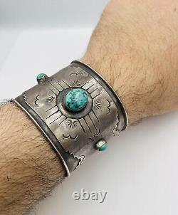 Antique Old Pawn Navajo Sterling Silver Blue Turquoise Wide Cuff Bracelet