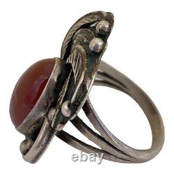 Antique Vintage Native Navajo 900 Sterling Carnelian Foliate Ring Sz 8.75 8.4g