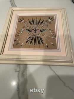 Authentic Navajo Sandpainting Chiricahua Sun Signed Native American Art 8.5x9.5