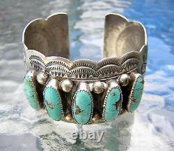 BRACELET LARGE CUFF TURQUOISE STERLING SIGNED WB WILBERT BENALLY 1970's NAVAJO