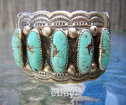 BRACELET LARGE CUFF TURQUOISE STERLING SIGNED WB WILBERT BENALLY 1970's NAVAJO