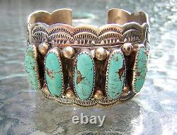 BRACELET LARGE CUFF TURQUOISE STERLING SIGNED WB WILBERT BENALLY 1970's NAVAJO