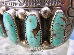 BRACELET LARGE CUFF TURQUOISE STERLING SIGNED WB WILBERT BENALLY 1970's NAVAJO