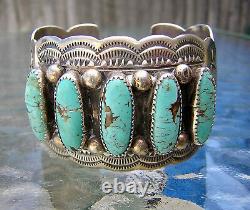 BRACELET LARGE CUFF TURQUOISE STERLING SIGNED WB WILBERT BENALLY 1970's NAVAJO