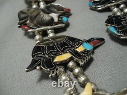 Best Vintage Navajo Zuni Turquoise Inlay Sterling Silver Squash Blossom Necklace