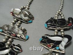 Best Vintage Navajo Zuni Turquoise Inlay Sterling Silver Squash Blossom Necklace
