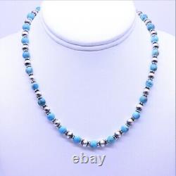 Blue Kingman Turquoise & Sterling Silver Navajo Pearl Beaded Modern Necklace 6mm