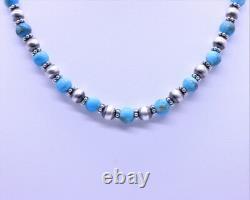 Blue Kingman Turquoise & Sterling Silver Navajo Pearl Beaded Modern Necklace 6mm