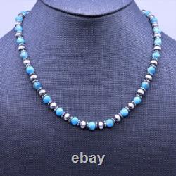 Blue Kingman Turquoise & Sterling Silver Navajo Pearl Beaded Modern Necklace 6mm