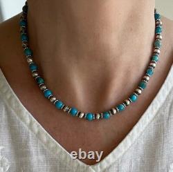 Blue Kingman Turquoise & Sterling Silver Navajo Pearl Beaded Modern Necklace 6mm