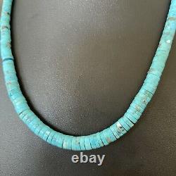 Blue Turquoise Heishi Sterling Silver Necklace Navajo Pearls Stab Graduated 1850