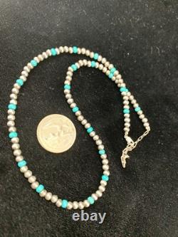 Blue Turquoise Navajo Pearls 4mm Sterling Silver Bead 16 Necklace 94116