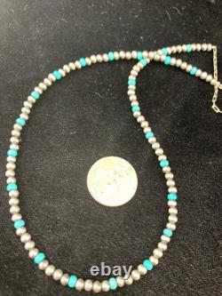 Blue Turquoise Navajo Pearls 4mm Sterling Silver Bead 16 Necklace 94116