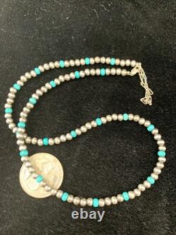Blue Turquoise Navajo Pearls 4mm Sterling Silver Bead 16 Necklace 94116