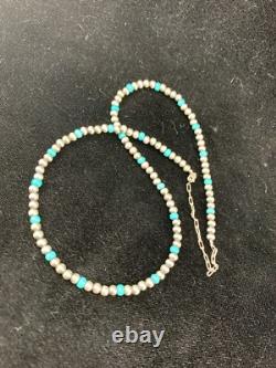 Blue Turquoise Navajo Pearls 4mm Sterling Silver Bead 16 Necklace 94116