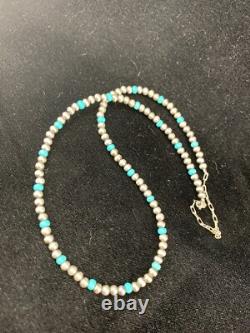 Blue Turquoise Navajo Pearls 4mm Sterling Silver Bead 16 Necklace 94116