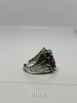 Bull Native American Navajo Signed STERLING Turquoise/Coral Ring Size 10 -Grace