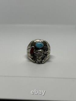 Bull Native American Navajo Signed STERLING Turquoise/Coral Ring Size 10 -Grace