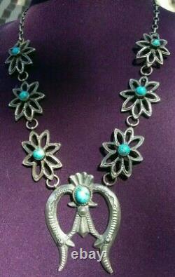 CAST Turquoise & Sterling Silver Squash Blossom NecklaceSigned EL Billah