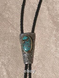 Charles Loloma Hopi Sterling Silver and 14k gold Nevada Blue Turquoise Bolo Tie