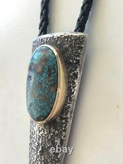 Charles Loloma Hopi Sterling Silver and 14k gold Nevada Blue Turquoise Bolo Tie