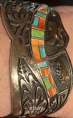 Colorful Vintage Charles Johnson Native American/navajo Ss & 14kt Cuff Bracelet