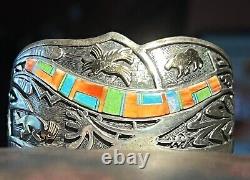 Colorful Vintage Charles Johnson Native American/navajo Ss & 14kt Cuff Bracelet