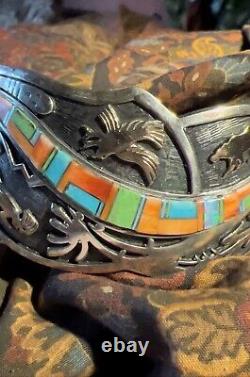 Colorful Vintage Charles Johnson Native American/navajo Ss & 14kt Cuff Bracelet