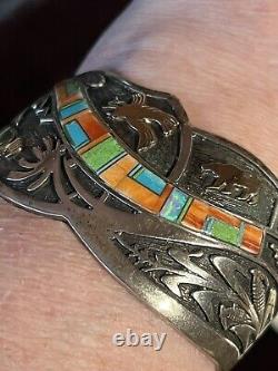 Colorful Vintage Charles Johnson Native American/navajo Ss & 14kt Cuff Bracelet