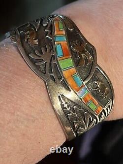 Colorful Vintage Charles Johnson Native American/navajo Ss & 14kt Cuff Bracelet