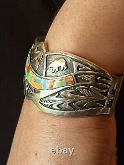 Colorful Vintage Charles Johnson Native American/navajo Ss & 14kt Cuff Bracelet