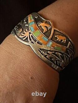 Colorful Vintage Charles Johnson Native American/navajo Ss & 14kt Cuff Bracelet