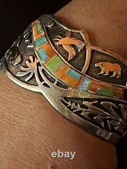 Colorful Vintage Charles Johnson Native American/navajo Ss & 14kt Cuff Bracelet