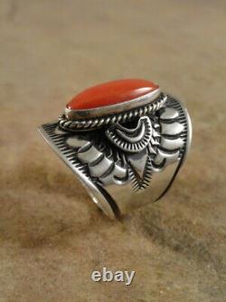 Derrick Gordon Navajo Sterling Silver & Coral Cigar Band Ring sz 7 1/2