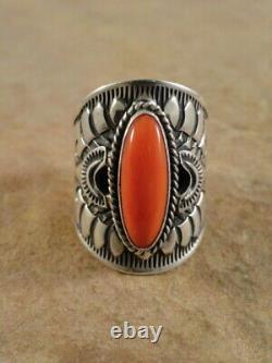 Derrick Gordon Navajo Sterling Silver & Coral Cigar Band Ring sz 7 1/2