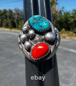 Elegant Antique / Vintage Navajo Sterling Silver, Turquoise & Coral Ring