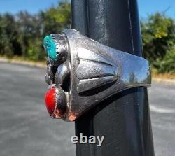 Elegant Antique / Vintage Navajo Sterling Silver, Turquoise & Coral Ring