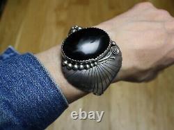 Ella Cowboy Native American Navajo Onyx Sterling Silver Cuff Bracelet Large Size