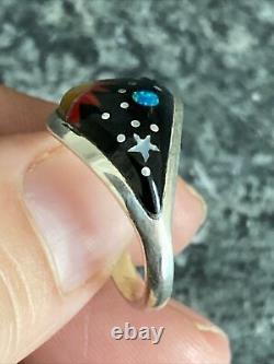 FANTASTIC NAVAJO MICRO INLAY STERLING ONYX CORAL OPAL SUNRISE RING Sz 7 SIGNED