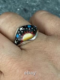 FANTASTIC NAVAJO MICRO INLAY STERLING ONYX CORAL OPAL SUNRISE RING Sz 7 SIGNED