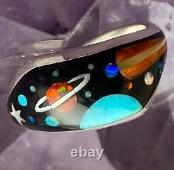 Fantastic Navajo Micro Inlay Sterling Onyx Opal Coral Galaxy Ring 7.75 Signed