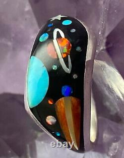 Fantastic Navajo Micro Inlay Sterling Onyx Opal Coral Galaxy Ring 7.75 Signed