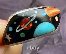 Fantastic Navajo Micro Inlay Sterling Onyx Opal Coral Galaxy Ring 7.75 Signed