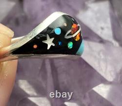 Fantastic Navajo Micro Inlay Sterling Onyx Opal Coral Galaxy Ring 7.75 Signed