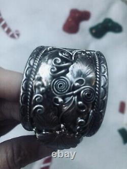 Fred James Navajo Native American Sterling Silver Floral Cuff Bracelet Watch