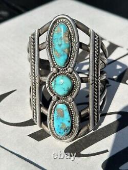 Gauge Native American Navajo Triple Tier Turquoise And sterling Silver Bracelet