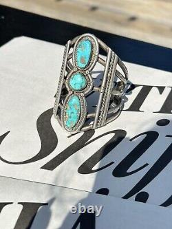 Gauge Native American Navajo Triple Tier Turquoise And sterling Silver Bracelet