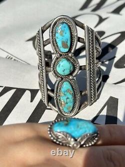 Gauge Native American Navajo Triple Tier Turquoise And sterling Silver Bracelet
