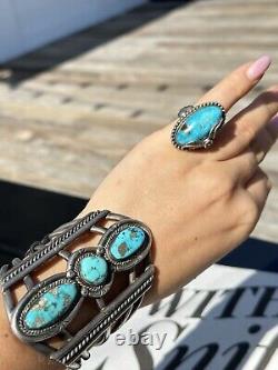 Gauge Native American Navajo Triple Tier Turquoise And sterling Silver Bracelet